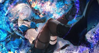 1girl absurdres black_boots black_gloves black_jacket black_pantyhose black_shorts black_thighhighs blue_bra blue_hair boots bra breasts colored_inner_hair commentary cropped_jacket earrings english_commentary galbrena_(wuthering_waves) gloves grey_hair gun hair_between_eyes high_heel_boots high_heels highres holding holding_gun holding_weapon jacket jewelry looking_at_viewer medium_breasts medium_hair multicolored_hair navel pantyhose purple_eyes renoahh shorts single_glove single_leg_pantyhose single_thighhigh solo stomach thighhighs toned toned_female underwear weapon wuthering_waves