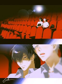 2boys absurdres backpack bag black_hair closed_mouth eohme highres hikaru_ga_shinda_natsu indou_hikaru male_focus mole mole_on_cheek mole_under_eye mole_under_mouth movie_theater multiple_boys multiple_moles red_pupils shirt short_hair signature sitting teeth tsujinaka_yoshiki unworn_backpack unworn_bag upper_body white_hair white_shirt