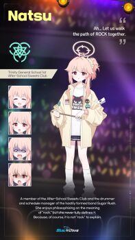 1girl :d :o absurdres black_skirt blue_archive character_name closed_eyes commentary drumsticks english_commentary english_text full_body highres holding holding_drumsticks jacket long_hair long_sleeves looking_at_viewer loose_socks miniskirt multiple_views natsu_(band)_(blue_archive) natsu_(blue_archive) official_alternate_costume official_art open_clothes open_jacket open_mouth parted_lips pink_hair pleated_skirt print_shirt red_eyes shirt skirt smile socks standing white_shirt white_socks yellow_jacket