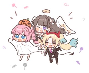 Rule 34 | 3girls, ;d, ahoge, angel, angel and devil, angel wings, anyoji hime, basil (wgh0anzdple3asf), blonde hair, blue eyes, blue hair, blunt sidelocks, bow, brown hair, closed eyes, collared shirt, commentary, ether aria (love live!), fang, fujishima megumi, ghost costume, gradient hair, hair bow, halloween, halloween costume, halo, jack-o'-lantern, link! like! love live!, long hair, long sleeves, love live!, mira-cra park!, multi-tied hair, multicolored hair, multiple girls, necktie, one eye closed, open mouth, osawa rurino, pink hair, pink necktie, ponytail, purple eyes, shirt, sidelocks, simple background, skin fang, smile, traditional halo, twintails, two side up, virtual youtuber, white background, white bow, white shirt, white wings, wings, yellow halo