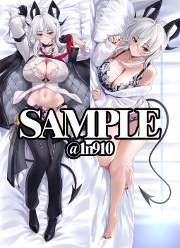 1girl ahoge alternate_breast_size_(larger) arm_up bare_shoulders barefoot bed black_bra black_choker black_gloves black_horns black_panties black_pants black_shoes black_tail blush bra breasts chest_harness choker cleavage closed_mouth clothes_pull commentary cover_image curled_horns dakimakura_(medium) earrings feet fingernails gloves grey_hair hair_between_eyes hand_up harness highres horns indoors jewelry key_earrings large_breasts long_hair looking_at_viewer lying m_(1n910) merchandise_available mole mole_on_breast mole_under_eye multicolored_hair multiple_views nail_polish navel necktie no_pants on_bed on_side panties pants pants_pull parted_lips partially_unbuttoned pillow red_eyes red_nails red_necktie sample_watermark shirt shoes stomach streaked_hair sweater sweater_pull tail thighs toes underwear watermark white_shirt white_sweater wuthering_waves zani_(wuthering_waves)