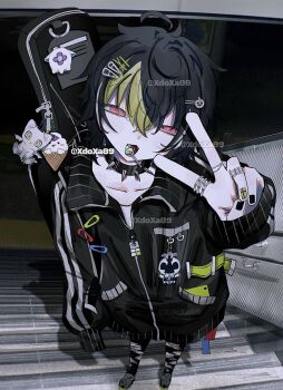 1boy arm_up artist_name black_hair black_jacket candy charm_(object) choker commentary food foreshortening full_body hair_between_eyes hair_ornament hairclip highres inami_rai instrument_case instrument_case_on_back jacket jewelry lollipop lollipop_in_mouth male_focus multicolored_hair multiple_rings nail_polish nijisanji on_stairs open_mouth pants pink_eyes ring short_hair single_sleeve_past_fingers smile solo spiked_choker spikes standing symbol-only_commentary torn_clothes torn_pants two-tone_hair v virtual_youtuber xdoxa89