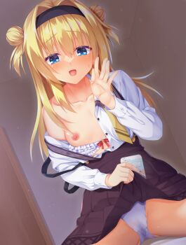 1girl 8kumagawa_(log) :d black_hairband blonde_hair blue_eyes blush bow bow_bra bra bra_pull breasts brown_skirt cameltoe cellphone chitose_sana clothes_lift clothes_pull collarbone collared_shirt commentary company_connection cosplay cowboy_shot double_bun dutch_angle eyes_visible_through_hair frilled_bra frills gluteal_fold hair_between_eyes hair_bun hair_intakes hairband hand_up heart heart_in_eye high-waist_skirt highres indoors lifting_own_clothes long_hair long_sleeves looking_at_viewer mesugaki necktie nipples one_breast_out open_clothes open_mouth open_shirt outstretched_hand panties phone pleated_skirt presenting pussy_juice_stain raised_eyebrows red_bow school_uniform shirt single_bare_shoulder sitting skirt skirt_lift small_breasts smartphone smile solo spread_legs strap_slip suspender_skirt suspenders sweatdrop symbol_in_eye tanikaze_amane tanikaze_amane_(cosplay) tenshi_souzou_re-boot! tenshinranman translated tsurime two_side_up underwear white_bra white_panties white_shirt yellow_necktie yuzusoft