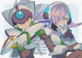 1boy 1other armor axl_(mega_man) blue_background forehead_jewel grey_hair gun hair_over_one_eye helmet holding holding_gun holding_weapon lumine_(mega_man) mega_man_(series) mega_man_x8 mega_man_x_(series) purple_hair purple_helmet simple_background twitter_username upper_body watermark weapon white_armor white_axl_(mega_man) white_helmet yamanashi_taiki yellow_eyes