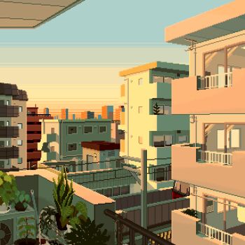 animated animated_gif apartment balcony blue_sky building city evening gradient_sky laundry_pole looping_animation no_humans orange_sky original outdoors overhead_line pixel_art plant potted_plant railing satou_oyasumi scenery sky train