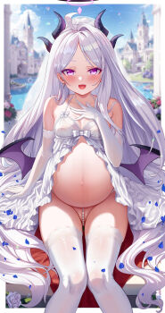 1girl :d absurdres ahoge ai-assisted alternate_costume babydoll bare_shoulders big_belly black_horns blue_archive blue_flower blue_rose blush breasts bridal_lingerie bridal_veil cang_se_ye_hua castle commentary covered_erect_nipples demon_girl demon_horns demon_wings earrings elbow_gloves flower gloves halo hand_on_own_chest happy heart heart-shaped_pupils highres hina_(blue_archive) horns jewelry lace lace-trimmed_legwear lace_trim lingerie long_hair looking_at_viewer low_wings medium_breasts multiple_horns necklace open_mouth parted_bangs pearl_necklace pearl_thong petals pregnant purple_eyes revealing_clothes revision rose rose_petals single_earring sitting sky smile solo stomach symbol-shaped_pupils tears thighhighs tower underwear underwear_only veil very_long_hair white_babydoll white_flower white_gloves white_hair white_rose wings
