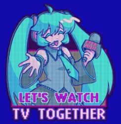 Rule 34 | 1girl, ahoge, blue background, blue hair, breasts, closed eyes, collared shirt, commentary, detached sleeves, english commentary, grey shirt, grey skirt, grey sleeves, hair ornament, hatsune miku, hatsune miku expo, headset, holding, holding microphone, jhaku, let&#039;s take ibuprofen together (meme), long hair, long sleeves, medium bangs, meme, microphone, open mouth, pleated skirt, reaching, reaching towards viewer, scanlines, shirt, skirt, sleeveless, sleeveless shirt, small breasts, smile, solo, tie clip, twintails, upper body, very long hair, vocaloid