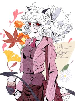 1girl akiraaaakiii bags_under_eyes black_gloves black_horns black_tail business_suit closed_mouth collared_shirt cosmos_(flower) cup demon demon_girl demon_horns demon_tail disposable_coffee_cup disposable_cup exhausted floral_background flower formal_clothes frown gerbera ginkgo_leaf gloves helltaker highres horns leaf maple_leaf necktie office_lady pandemonica_(helltaker) red_eyes red_necktie round_eyewear shirt simple_background skirt skirt_suit sleepy solo suit tail vest white_hair