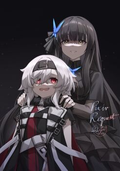 Rule 34 | 2girls, :d, azur lane, black dress, black hair, black hairband, blue butterfly, bon homme richard (azur lane), bon homme richard (meta) (azur lane), bug, burnt clothes, butterfly, butterfly hair ornament, commission, crazy smile, dress, girls' frontline, grin, hair ornament, hair over one eye, hairband, hands on another's shoulders, hands up, highres, insect, long hair, lunasia (girls' frontline), luyue, medium hair, multiple girls, nervous smile, open mouth, pixiv commission, red eyes, shaded face, sleeveless, sleeveless dress, smile, very long hair, white hair, yellow eyes