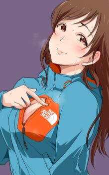 Rule 34 | 10s, 1girl, 71 (nanaichi drafting), blush, brown eyes, brown hair, cleavage cutout, clothing cutout, female focus, idolmaster, idolmaster cinderella girls, jacket, long hair, looking at viewer, nitta minami, product placement, smile, solo, sweat, the north face, track jacket