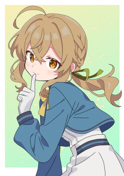 Rule 34 | 1girl, absurdres, blue jacket, border, braid, brown eyes, brown hair, closed mouth, commentary request, finger to mouth, gloves, gradient background, green background, highres, index finger raised, jacket, monica everett, outside border, shushing, silent witch, solo, soramame (mvfn8342), upper body, white border, white gloves