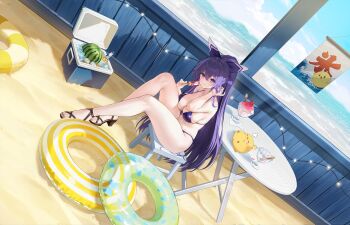 Rule 34 | 1girl, absurdres, alternate breast size (larger), artist request, azur lane, bikini, black sandals, breasts, closed mouth, date a live, food, fruit, hand up, high heel sandals, highres, holding, holding food, holding popsicle, large breasts, legs, long hair, looking at viewer, manjuu (azur lane), melon, navel, non-web source, official alternate costume, official art, ponytail, popsicle, purple bikini, purple hair, sandals, sitting, smile, solo, stomach, swim ring, swimsuit, thighs, very long hair, yatogami tohka, yatogami tohka (break time)
