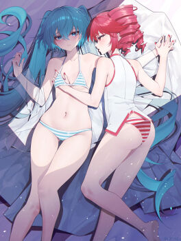 2girls absurdly_long_hair absurdres bare_arms bare_legs bare_shoulders bikini blue_bikini blue_eyes blue_hair blush breasts chinese_commentary commentary_request drill_hair gluteal_fold hair_between_eyes hand_on_another's_chest hatsune_miku highres holding_hands kasane_teto long_hair multiple_girls navel open_mouth parted_lips red_bikini red_eyes red_hair shirt sleeveless sleeveless_shirt small_breasts stomach striped_bikini striped_clothes swimsuit tiandingfengren twin_drills twintails utau very_long_hair vocaloid white_shirt yuri