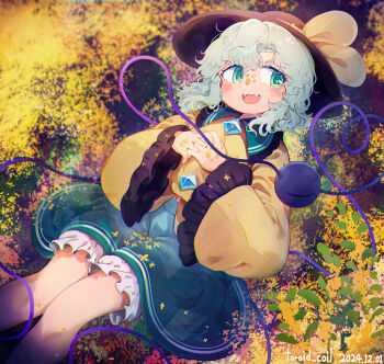1girl absurdres artist_name black_hat bloomers blush buttons dated diamond_button eyeball frilled_shirt_collar frilled_sleeves frills green_eyes green_hair green_skirt hat hat_ribbon heart heart_in_eye heart_of_string highres interlocked_fingers komeiji_koishi long_sleeves looking_at_viewer lying on_back open_mouth own_hands_together ribbon shirt skirt smile solo symbol_in_eye third_eye toroid_(621997) touhou underwear white_bloomers wide_sleeves yellow_ribbon yellow_shirt