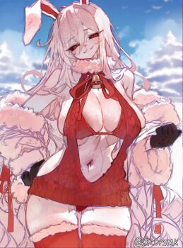 1girl alternate_costume animal_ears animal_nose areola_slip bell black_gloves black_sclera blue_sky breasts carrot_(one_piece) christmas cloud colored_sclera commentary day english_commentary furry furry_female gloves hair_between_eyes klopsiak large_breasts long_hair looking_at_viewer navel neck_bell one_piece panties rabbit_ears rabbit_girl red_eyes red_panties red_sweater red_thighhighs sky snout solo sulong_form sweater thighhighs thighs twitter_username underwear very_long_hair white_hair