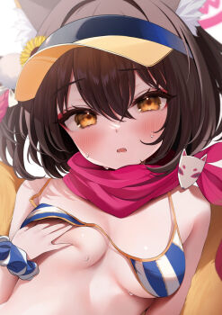 1girl animal_ears bikini bikini_top_lift blue_archive blush breasts brown_hair clothes_lift curious eyeshadow flower fox_ears fox_girl fox_tail grabbing_own_breast hair_between_eyes hair_flower hair_ornament halo hat highres izuna_(blue_archive) izuna_(swimsuit)_(blue_archive) lifting_own_clothes looking_at_viewer makeup medium_breasts medium_hair namagome_negi open_mouth pink_scarf red_eyeshadow scarf solo staring striped_bikini striped_clothes sunflower sunflower_hair_ornament swimsuit tail upper_body yellow_eyes