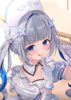 Rule 34 | 1girl, absurdres, amane kanata, amane kanata (nurse), blue eyes, blue hair, blush, collar, commentary, detached collar, dress, finger to mouth, gloves, grey hair, hair ornament, hat, highres, holding, holding syringe, hololive, long hair, looking at viewer, nurse, nurse cap, official alternate costume, shagaihi, smile, solo, symbol-only commentary, syringe, tongue, tongue out, twintails, very long hair, virtual youtuber, white collar, white dress, white gloves, white hat, x hair ornament