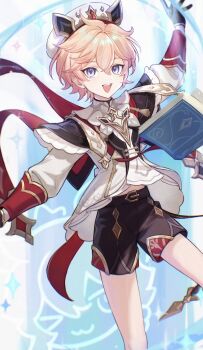 1boy :d absurdres ahoge beret black_capelet black_gloves black_shorts book cape capelet commentary_request dahlia_(genshin_impact) floating floating_book floating_object frilled_capelet frills genshin_impact gloves gold_trim hair_between_eyes hand_up hat highres long_sleeves looking_at_viewer male_focus mscdraw open_book open_mouth pink_hair purple_eyes red_cape shirt short_hair short_shorts shorts sleeve_cuffs smile solo sparkle teeth upper_teeth_only white_hat white_shirt