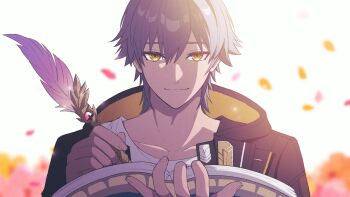 1boy as_i&#039;ve_written_(honkai:_star_rail) black_coat black_gloves blurry book caelus_(honkai:_star_rail) closed_mouth coat collarbone commentary_request fingerless_gloves fingernails flower gloves grey_hair hair_between_eyes hands_up highres holding holding_book holding_quill honkai:_star_rail honkai_(series) hood hooded_coat lapels looking_at_viewer male_focus open_book open_clothes open_coat orange_flower petals pink_flower quill shirt short_hair simple_background smile solo t-shirt toki_maru10 trailblazer_(honkai:_star_rail) two-sided_coat two-sided_fabric upper_body white_background white_shirt writing yellow_coat yellow_eyes yellow_flower