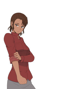 1girl asymmetrical_hair breasts brown_eyes brown_hair commentary_request dark-skinned_female dark_skin earrings galois grey_skirt highres jewelry korean_commentary light_frown looking_down medium_breasts odyssey_(galois) rachel_bowman red_shirt shirt short_hair skirt sleeves_rolled_up solo upper_body