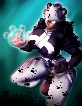 1girl animal_ears animal_hands attack aura bartholomew_kuma bible_(object) black_hair bodysuit boots curly_hair cyborg dark-skinned_female dark_skin energy fake_animal_ears female_focus fighting_stance genderswap gloves hat highres holding long_hair looking_at_viewer nikyu_nikyu_no_mi nipples no_pupils one_piece pants power solo white_eyes