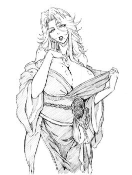 1girl bleach breasts huge_breasts japanese_clothes kimono large_breasts lineart long_hair matsumoto_rangiku mature_female mole mole_on_breast mole_under_mouth rakusakugk sketch undressing