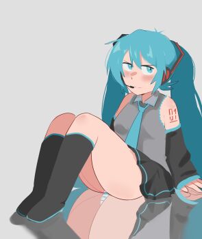 1girl abstractpurple absurdres bare_shoulders black_skirt blue_eyes blue_hair blush detached_sleeves grey_background hair_between_eyes hatsune_miku highres long_hair looking_up microphone necktie panties reflection rolling_eyes sitting skirt solo striped_clothes striped_panties thighhighs twintails underwear very_long_hair vocaloid white_panties