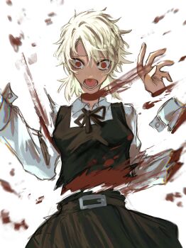 1girl absurdres baku_mbu black_dress blood blood_spray chainsaw_man collared_shirt commentary dress english_commentary fourth_east_high_school_uniform guro highres open_mouth pinafore_dress red_eyes school_uniform severed_head severed_limb severed_torso shirt simple_background sleeveless sleeveless_dress solo tearing_up white_background white_hair famine_devil_(chainsaw_man) white_shirt wide-eyed