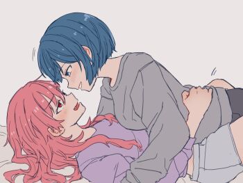 Rule 34 | 2girls, between legs, blue eyes, blue hair, blush, commentary request, eye contact, fang, grey background, grey shorts, grey sweater, grin, kiritani haruka, long hair, looking at another, lying on person, momoi airi, multiple girls, pink hair, project sekai, purple shirt, red eyes, shirt, short hair, shorts, simple background, smile, soretoashitabar, sweater, yuri