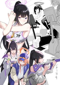 2girls bandaid bandaid_on_face bandaid_on_nose baseball_cap black_hair blue_archive blue_hat blush breasts clenched_hand closed_mouth exercise_machine exercising eyewear_hang eyewear_on_headwear gun halo hat highres holding holding_gun holding_weapon long_hair long_sleeves medium_breasts multiple_girls multiple_views open_mouth pants ponytail purple_eyes red_hair rei_(blue_archive) sports_bra stretching sumire_(blue_archive) sunglasses sweat thigh_strap umiwashi unworn_eyewear weapon