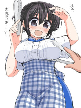 1girl 1other :d apron black_hair blue_bow blue_bowtie blue_skirt blush bow bowtie breasts commentary_request cowboy_shot gingham_apron grey_eyes hair_between_eyes hair_bun holding holding_tongs kobeya kobeya_uniform large_breasts molestation naitou_kouse open_mouth original shirt short_hair short_sleeves simple_background skirt smile solo_focus sweat tongs translation_request waist_apron white_apron white_background white_shirt