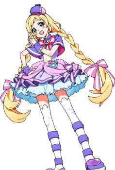 1girl :d blonde_hair blue_eyes bow bowtie braid brooch capelet cure_friendy deerstalker dress dress_bow foot_out_of_frame frilled_dress frilled_wrist_cuffs frills hair_bow hand_on_own_hip hat heart heart_brooch hiji_rida index_finger_raised inukai_iroha jewelry long_hair looking_at_viewer magical_girl mini_hat open_mouth pink_bow pink_bowtie precure purple_bow purple_capelet purple_dress purple_hat purple_shoes purple_wrist_cuffs shoes simple_background smile solo standing thighhighs tilted_headwear twin_braids very_long_hair white_background white_thighhighs wonderful_precure! wrist_cuffs