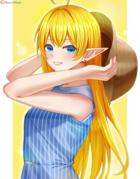 Rule 34 | 1girl, absurdres, ahoge, amamiya sora, amamiya sora (cosplay), artist name, bare arms, bare shoulders, blonde hair, blue dress, blue eyes, blue shirt, blush, commission, commissioner upload, cosplay, dress, earrings, elf, flat chest, grin, hat, highres, holding, jewelry, long hair, looking at viewer, lori hagami, lotte farona, official art, patreon logo, patreon username, petite, pointy ears, real life, shirt, sleeveless, sleeveless dress, sleeveless shirt, smile, solo, straw hat, striped clothes, striped dress, striped shirt, unworn hat, unworn headwear, upper body, vertical-striped clothes, vertical-striped dress, vertical-striped shirt, very long hair, ways of darkness (series), yellow background