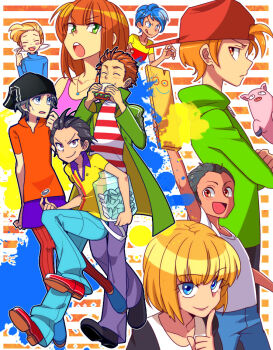 2girls 6+boys :d :o ^_^ angry animification annotated arm_behind_back arm_up backwards_hat bad_id bad_pixiv_id bare_shoulders baseball_cap belt black_hair blonde_hair blue_eyes blue_hair blunt_bangs blush blush_stickers board bob_cut braces brother_and_sister brown_hair cartoon_network closed_eyes coin coin_flip crossed_arms denim double_vertical_stripe eating ed_(ed_edd_n_eddy) ed_edd_n_eddy edd_(ed_edd_n_eddy) eddy_(ed_edd_n_eddy) everyone fang finger_to_mouth flipping_coin food frown green_eyes green_shirt happy hat high_collar holding hood hoodie index_finger_raised jacket jar jeans jewelry jimmy_(ed_edd_n_eddy) jonny_(ed_edd_n_eddy) kevin_(ed_edd_n_eddy) leg_lift leggings lipstick looking_at_viewer makeup multiple_boys multiple_girls nazz_(ed_edd_n_eddy) necklace open_clothes open_jacket open_mouth orange_hair paint_splatter pants pig plank_(ed_edd_n_eddy) polo_shirt purple_eyes red_eyes red_legwear rolf_(ed_edd_n_eddy) sandwich sarah_(ed_edd_n_eddy) shadow shirt shoes short_hair shorts siblings smile spiked_hair striped_background striped_clothes striped_shirt sweatdrop sweater swept_bangs t-shirt tank_top transparent turtleneck wilfred_(ed_edd_n_eddy) yabu_(yb8548) zipper