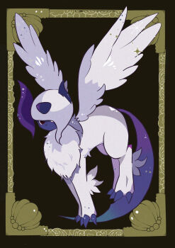 absol absurdres animal_focus border claws feathered_wings full_body gen_3_pokemon hair_over_one_eye highres looking_at_viewer mega_absol mega_pokemon mendako_(tyatyaumai29) nintendo no_humans one_eye_covered ornate_border outside_border pokemon pokemon_(creature) red_eyes seashell shell short_hair sidelocks solo white_hair white_wings wings yellow_border