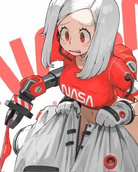 1girl andrewcockroach blush blush_stickers breasts clothes_pull collarbone colored_inner_hair covering_crotch covering_privates cowboy_shot crop_top dressing fang from_above frown gloves headset highres holding holding_panties holding_pants holding_underwear holding_unworn_clothes joints large_breasts logo long_hair looking_down mechanical_arms microphone midriff multicolored_hair nasa nasa_logo navel open_clothes open_mouth original panties pants pants_pull parted_bangs print_panties print_shirt raised_eyebrows red_eyes red_hair red_panties red_shirt robot_joints shirt short_sleeves signature simple_background single_mechanical_arm solo sparkle straight_hair sweat sweatdrop two-tone_hair underwear unworn_pants white_background white_gloves white_hair