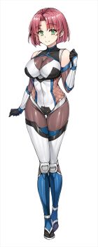 1girl arm_guards black_gloves black_pantyhose breasts cleavage closed_mouth commentary_request covered_navel elbow_gloves full_body gloves green_eyes hair_intakes highres koyuki_(kotatsu358) looking_at_viewer medium_breasts ninja original pantyhose red_hair shiny_clothes short_hair smile solo thighhighs white_background white_thighhighs wrist_guards