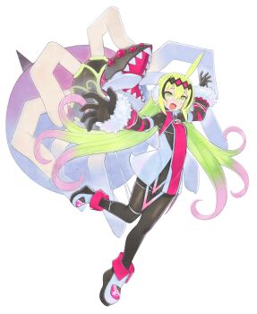 1girl bodysuit boots breasts bug collared_shirt detached_sleeves earmuffs extra_eyes eyelashes fangs full_body fur-trimmed_sleeves fur_trim gloves green_eyes green_hair hairband highres inti_creates jewelry karma_(majogami) long_hair majogami monster natsume_yuji non-web_source official_art pendant petite shirt skirt small_breasts spider striped_sleeves transparent_background