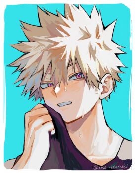 1boy arm_up bakugou_katsuki black_shirt blonde_hair blue_background boku_no_hero_academia border clenched_teeth clothes_lift double-parted_bangs hair_between_eyes highres looking_to_the_side male_focus red_eyes shirt shirt_lift short_hair sideways_glance solo spiked_hair sweat teeth twitter_username use_zeinuki white_border