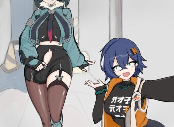 2girls belle_(zenless_zone_zero) black_gloves black_hair black_shirt black_shorts blue_hair breasts bulge clothes_writing covered_penis covered_testicles crop_top erection erection_under_clothes eyes_out_of_frame fingerless_gloves futanari gloves green_eyes grey_jacket head_out_of_frame high-waist_shorts huge_penis jacket jane_doe_(zenless_zone_zero) large_breasts long_sleeves medium_breasts multiple_girls oneshow87 open_clothes open_jacket open_mouth outdoors pantyhose partially_unzipped penis selfie shirt short_hair shorts single_leg_pantyhose single_thighhigh sleeveless sleeveless_jacket smile surprised textless_version thighhighs traffic_cone turtleneck turtleneck_jacket unzipping wide-eyed zenless_zone_zero