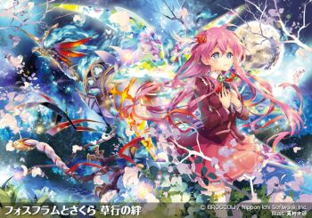 Rule 34 | 1girl, bird monster, blazer, blue eyes, closed mouth, copyright notice, feather hair ornament, feathers, flower, hair between eyes, hair flower, hair ornament, hands on own chest, jacket, kamiyugi sakura, long hair, matoki misa, moon, official art, pink hair, pink petals, pink skirt, red jacket, skirt, thighhighs, translation request, white thighhighs, z/x