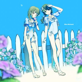 2girls against_railing black_hair blue_background blue_flower blue_jacket blue_moment_(love_live!) blue_theme braid breasts brown_hair center-flap_bangs commentary_request dollchestra flower full_body hair_flower hair_ornament high_heel_sandals highres holding holding_flower jacket kachimachi_kosuzu leaning_back link!_like!_love_live! looking_at_viewer love_live! low_twin_braids low_twintails morning_glory multiple_girls murano_sayaka one-piece_swimsuit open_clothes open_jacket puffy_short_sleeves puffy_sleeves purple_flower railing renge_(042514) sandals short-sleeved_jacket short_sleeves sidelocks small_breasts standing swimsuit twin_braids twintails white_one-piece_swimsuit white_sandals