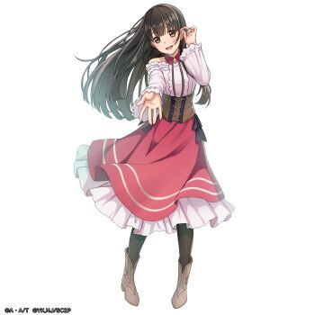 1girl anime_coloring artist_request ayase_miharu black_hair black_pantyhose black_ribbon boots brown_boots brown_corset brown_eyes corset dress full_body highres long_dress long_hair long_sidelocks looking_at_viewer official_art pantyhose pleated_skirt reaching reaching_towards_viewer ribbon seirei_gensouki sidelocks skirt smile solo standing transparent_background