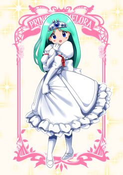 1girl back_bow blue_eyes bow character_name commentary_request dress elbow_gloves frilled_gloves frills full_body gloves green_hair hand_up high_heels hiro68 long_hair looking_at_viewer open_mouth princess_melora puffy_short_sleeves puffy_sleeves red_ribbon ribbon shoes short_sleeves smile solo sparkle standing thighhighs tiara twinbee white_bow white_dress white_gloves white_shoes white_thighhighs