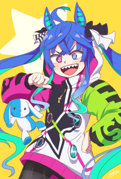 Rule 34 | 1girl, @ @, absurdres, ahoge, animal ears, aqua hair, blue eyes, blue hair, commentary request, crossed bangs, galois, gradient hair, hand on own hip, heterochromia, highres, hood, hoodie, horse ears, horse girl, long hair, multicolored hair, pink eyes, pointing, pointing at self, sharp teeth, signature, solo, star (symbol), stuffed animal, stuffed rabbit, stuffed toy, teeth, twin turbo (blast mode! turbo engine) (umamusume), twin turbo (umamusume), twintails, umamusume, very long hair