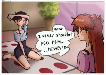 1boy 1girl antenna_hair artist_name black_hair blue_eyes blush border brown_hair commentary crossdressing crossdressing_(mtf) den_man english_commentary english_text flower_pot from_side full_body highres ikari_shinji interface_headset_(evangelion) long_hair looking_afar looking_at_another neon_genesis_evangelion plant potted_plant short_hair sitting souryuu_asuka_langley speech_bubble standing sweat twitter_username wariza white_border window