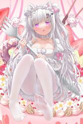 Rule 34 | 1girl, absurdres, animal ears, blush, breasts, cake, cake slice, cat ears, choker, cleavage, cross hair ornament, detached sleeves, devil heavens, dress, food, fork, fruit, hair ornament, hairband, hairclip, highres, holding, holding fork, large breasts, lolita hairband, long hair, looking at viewer, nijisanji, open mouth, panties, panties under pantyhose, pantyhose, pink eyes, pink ribbon, ribbon, shaun (virtuareal), solo, strawberry, underwear, virtuareal, white choker, white dress, white hair, white panties, white pantyhose, x hair ornament