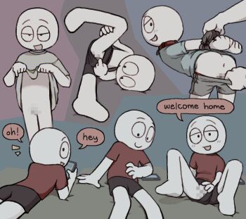 2boys alex_(homie) anus big_guy_(homie) black_shorts bound bound_wrists censored clothes_lift clothes_pull collar colored_skin commentary english_commentary english_text highres homunculus100 leg_up looking_at_viewer lying male_focus multiple_boys multiple_views naked_shirt on_stomach original pants pants_pull red_collar red_shirt shirt shirt_lift shorts sitting smile solo_focus stick_figure t-shirt white_skin yaoi