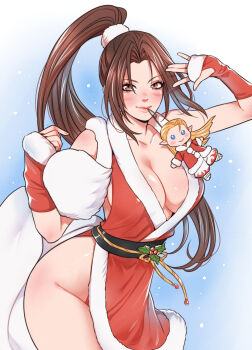 1girl andy_bogard bare_shoulders blonde_hair blue_eyes blush breasts brown_eyes brown_hair character_charm charm_(object) christmas cleavage closed_mouth collarbone commentary cowboy_shot crylin6 dress english_commentary fatal_fury fingerless_gloves fur-trimmed_dress fur-trimmed_gloves fur_trim gloves gradient_background hand_up high_ponytail highres holly large_breasts lipgloss lips long_hair looking_at_viewer mouth_hold obi parted_bangs pink_lips pointy_ears pom_pom_(clothes) ponytail red_dress red_gloves revealing_clothes sash shiranui_mai solo the_king_of_fighters thighs