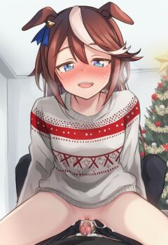 1boy 1girl after_vaginal aftersex animal_ears blue_eyes blush bottomless brown_hair christmas_sweater christmas_tree cum cum_in_pussy floppy_ears girl_on_top hair_down hair_ornament hetero highres horse_ears indoors long_hair looking_at_viewer multicolored_hair non-web_source open_mouth penis pov pussy solo_focus streaked_hair sweater tokai_teio_(umamusume) two-tone_hair umamusume